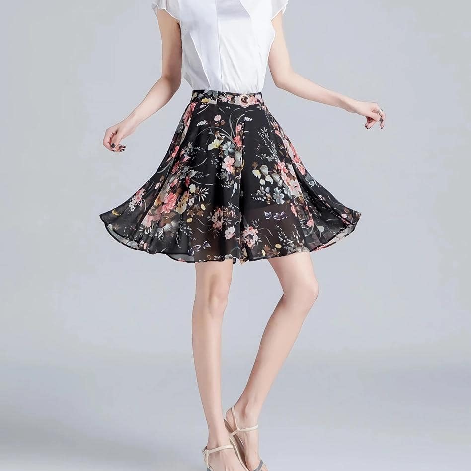 Elegant floral midi skirt for women, perfect for casual and formal occasions, showing vibrant flower patterns on black, made from lightweight, flowy fabric.