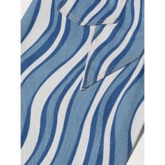 Close-up of a fashionable blue and white striped blouse with collar and stitching detail, ideal for modern office wear or casual outings.