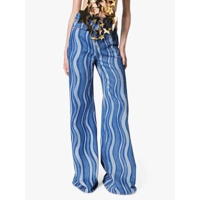 High-waisted wide-leg jeans with blue and white wavy stripe pattern, comfortable fit, stylish for casual and fashion-forward outfits.