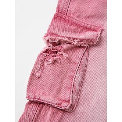 Vibrant pink distressed jeans featuring ripped and frayed pocket details, perfect for fashionable casual outfits. Made with high-quality denim for comfort and style.