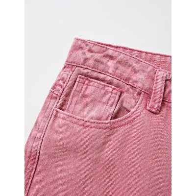Pink denim jeans with stylish pocket details, made from durable, soft cotton fabric, providing a fashionable and comfortable fit for women seeking trendy casual wear.