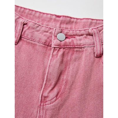 Vibrant pink denim shorts ideal for casual wear, featuring a secure silver button and belt loops for a stylish fit. Perfect for trendy, comfortable fashion statements.