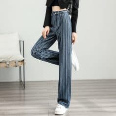 Stylish high-waisted striped wide-leg pants for women, perfect for casual wear and fashion-forward outfits. Comfortable, trendy, and versatile for any wardrobe.