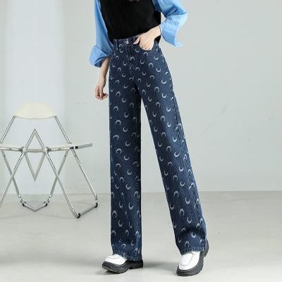Stylish wide-leg denim jeans with moon print, perfect for casual and trendy outfits. Comfortable fit with high waist design, ideal for everyday wear and fashion-forward looks.
