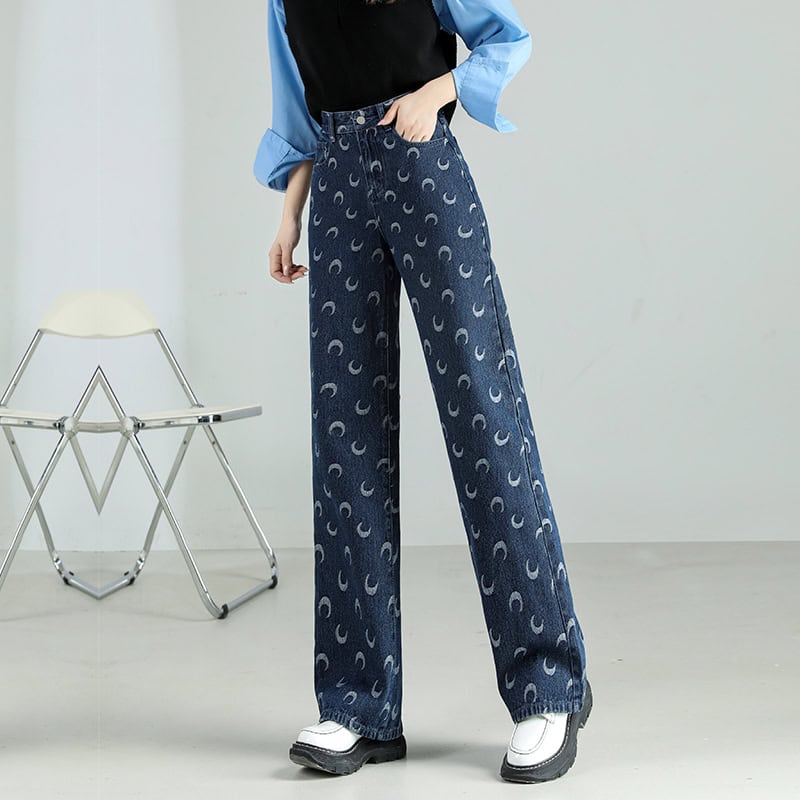 Stylish wide-leg denim jeans with moon print, perfect for casual and trendy outfits. Comfortable fit with high waist design, ideal for everyday wear and fashion-forward looks.