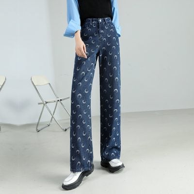 Fashionable wide-leg jeans featuring moon motifs, perfect for stylish casual wear and statement outfits. Ideal for fashion-forward individuals seeking comfort and unique design.
