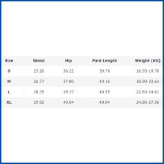 Image of a detailed size chart showing waist, hip, pant length, and weight ranges for S, M, L, XL sizes. Perfect for choosing the right fit for men's or women's clothing.