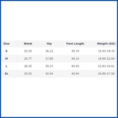 Image of a detailed size chart showing waist, hip, pant length, and weight ranges for S, M, L, XL sizes. Perfect for choosing the right fit for men's or women's clothing.