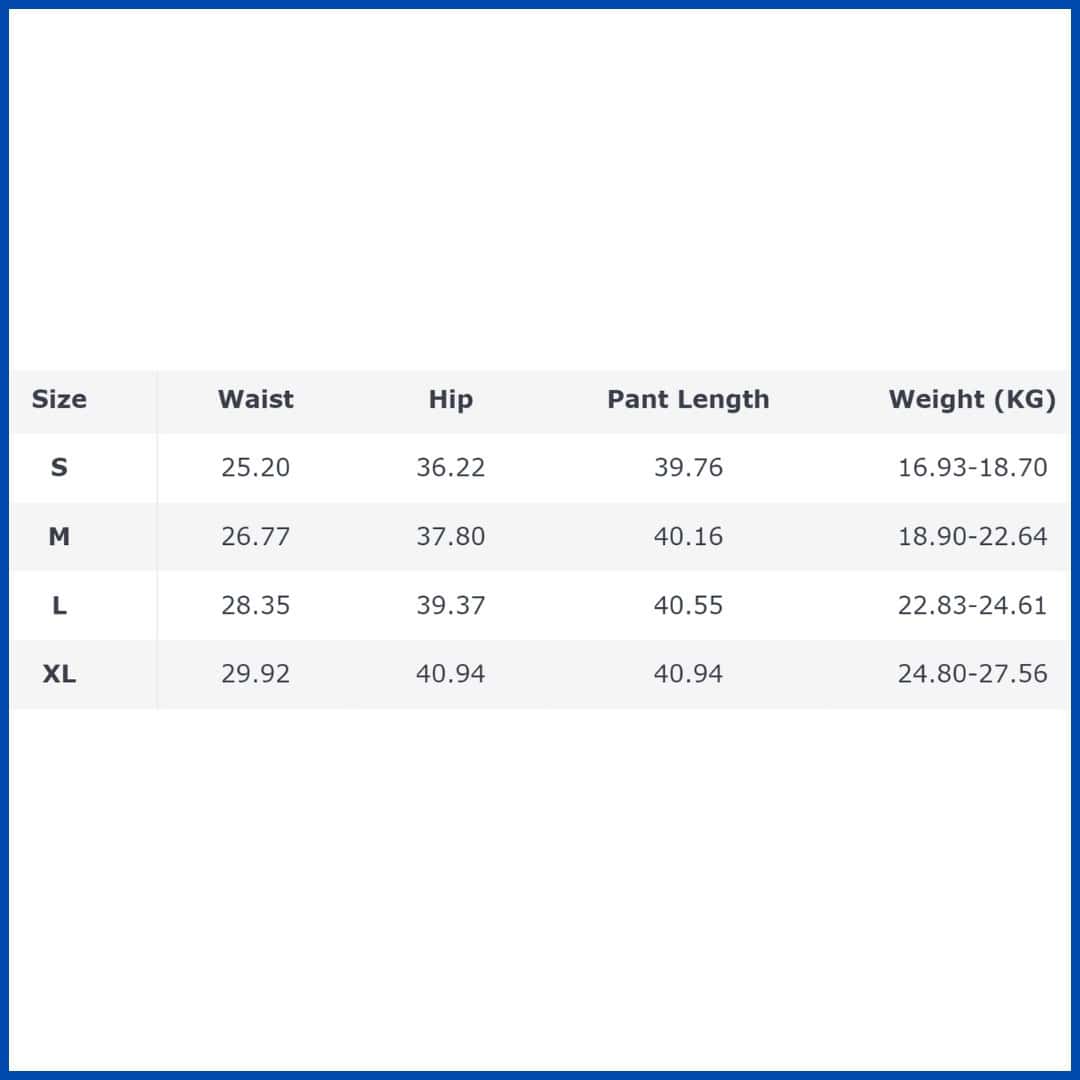 Image of a detailed size chart showing waist, hip, pant length, and weight ranges for S, M, L, XL sizes. Perfect for choosing the right fit for men's or women's clothing.