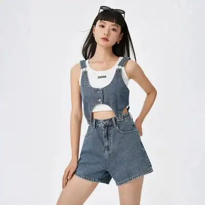 A trendy denim crop top paired with high-waisted denim shorts, perfect for casual or streetwear fashion. Showcasing the latest in youthful, stylish, and comfortable clothing from Monalisa Store.