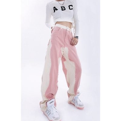 Fashionable pink and cream patchwork wide-leg pants for a trendy casual look. Perfect for streetwear, girls' fashion, and everyday wear with comfortable fit.