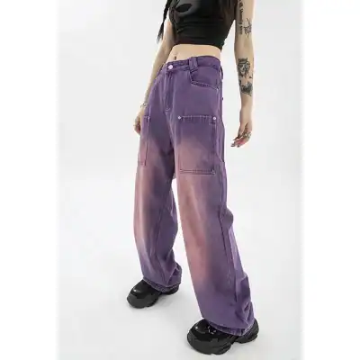 Stylish purple denim baggy jeans with large front pockets, relaxed fit, and modern streetwear appeal. Perfect for casual outings and fashion-forward looks.