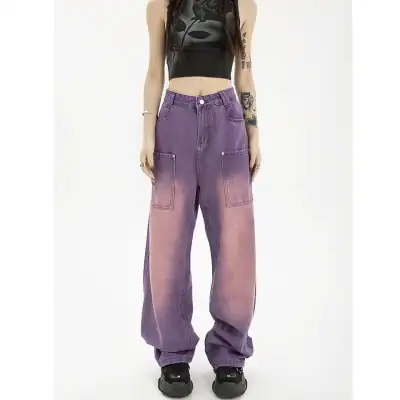 Stylish purple gradient oversized jogger jeans with large front pockets, relaxed fit, and cuffed ankles for casual or streetwear fashion. Perfect for trendy, comfortable yet eye-catching outfits.