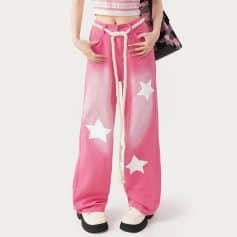 Comfortable pink star-printed wide-leg jeans with a white rope belt, perfect for trendy fashion statements.