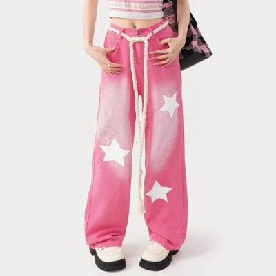 Comfortable pink star-printed wide-leg jeans with a white rope belt, perfect for trendy fashion statements.