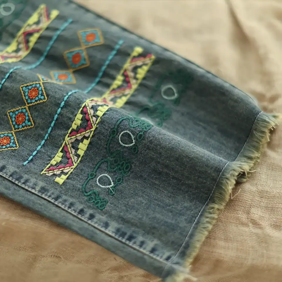 Brightly colored embroidered denim scarf featuring intricate patterns, perfect for adding a unique touch to fashion accessories and everyday outfits.