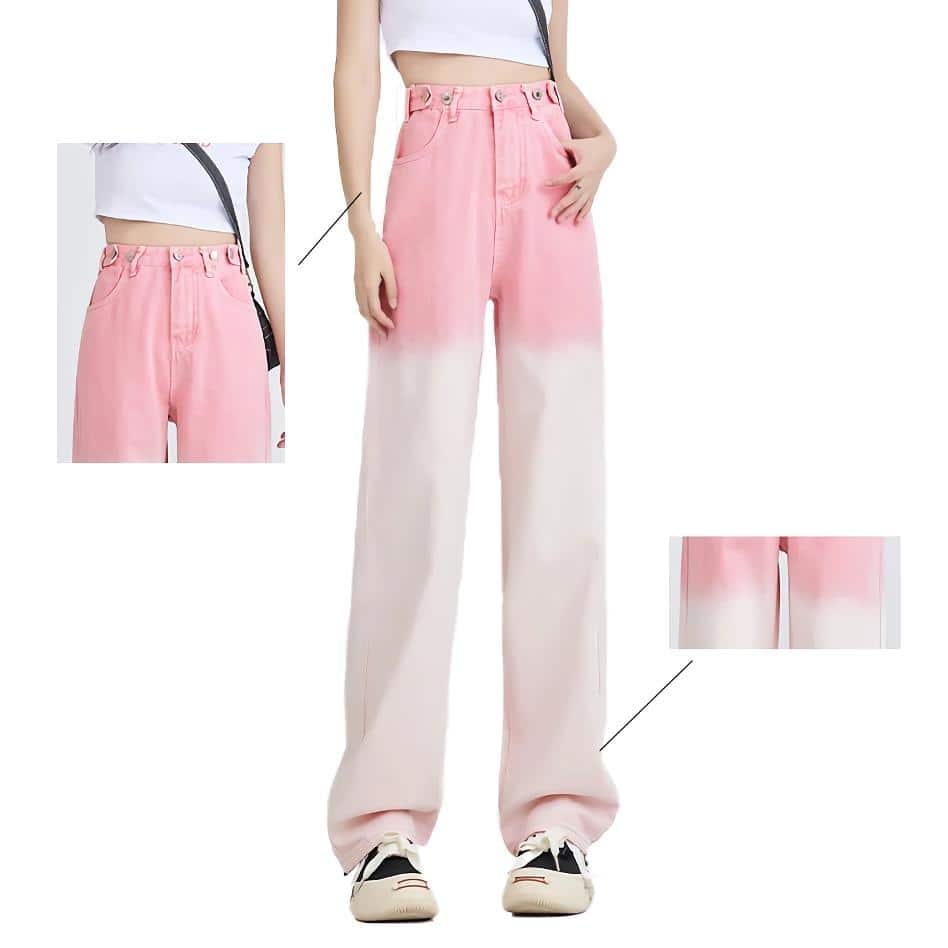 Pink faded oversized jeans with high waist and relaxed fit, perfect for casual or street style.