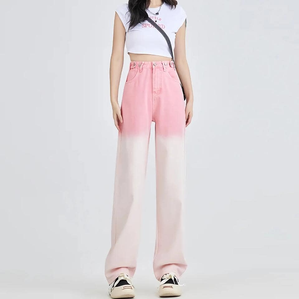 Versatile and trendy high-waisted wide-leg pants with pink gradient design, perfect for casual or fashion-forward outfits. Shop at Monalisa Website for stylish women's clothing.