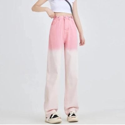 High-waisted pink and white ombre wide-leg jeans for a stylish casual look, perfect for fashion-forward individuals seeking trendy plus-size denim options.