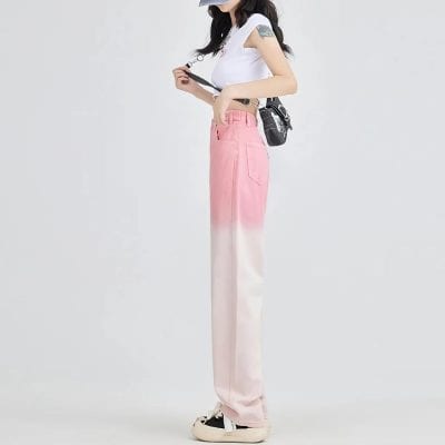 Stylish high-waisted pink ombré wide-leg pants with a relaxed fit, perfect for trendy fashion statements and comfortable wear for women.