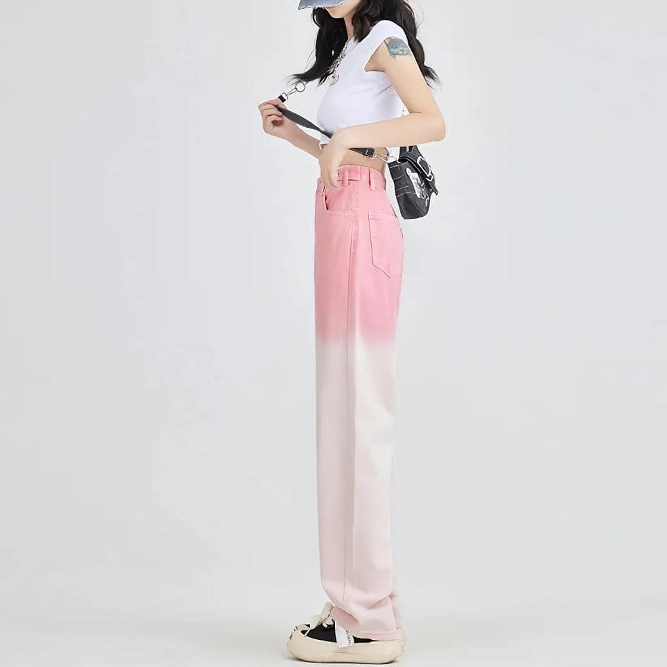Stylish high-waisted pink ombré wide-leg pants with a relaxed fit, perfect for trendy fashion statements and comfortable wear for women.