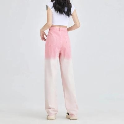 High-waisted pink and white gradient wide-leg jeans for women, trendy and fashionable, perfect for casual wear, spring, summer, stylish comfort, modern denim fashion.