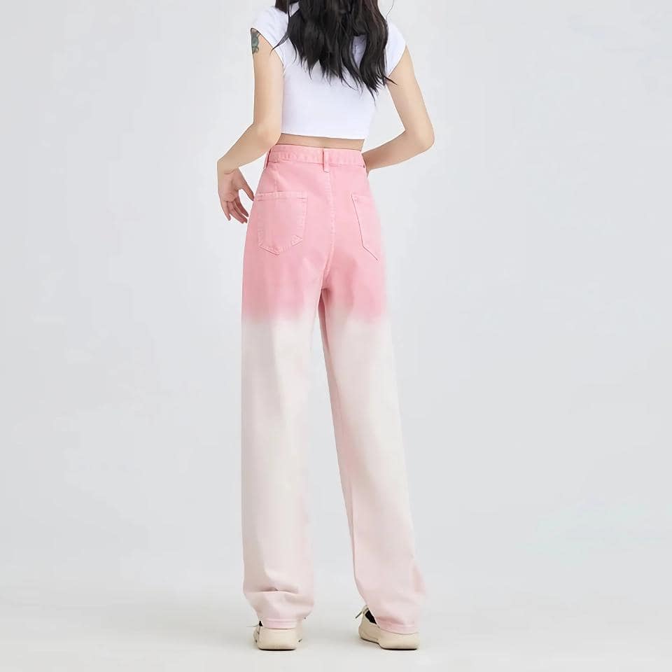 High-waisted pink and white gradient wide-leg jeans for women, trendy and fashionable, perfect for casual wear, spring, summer, stylish comfort, modern denim fashion.