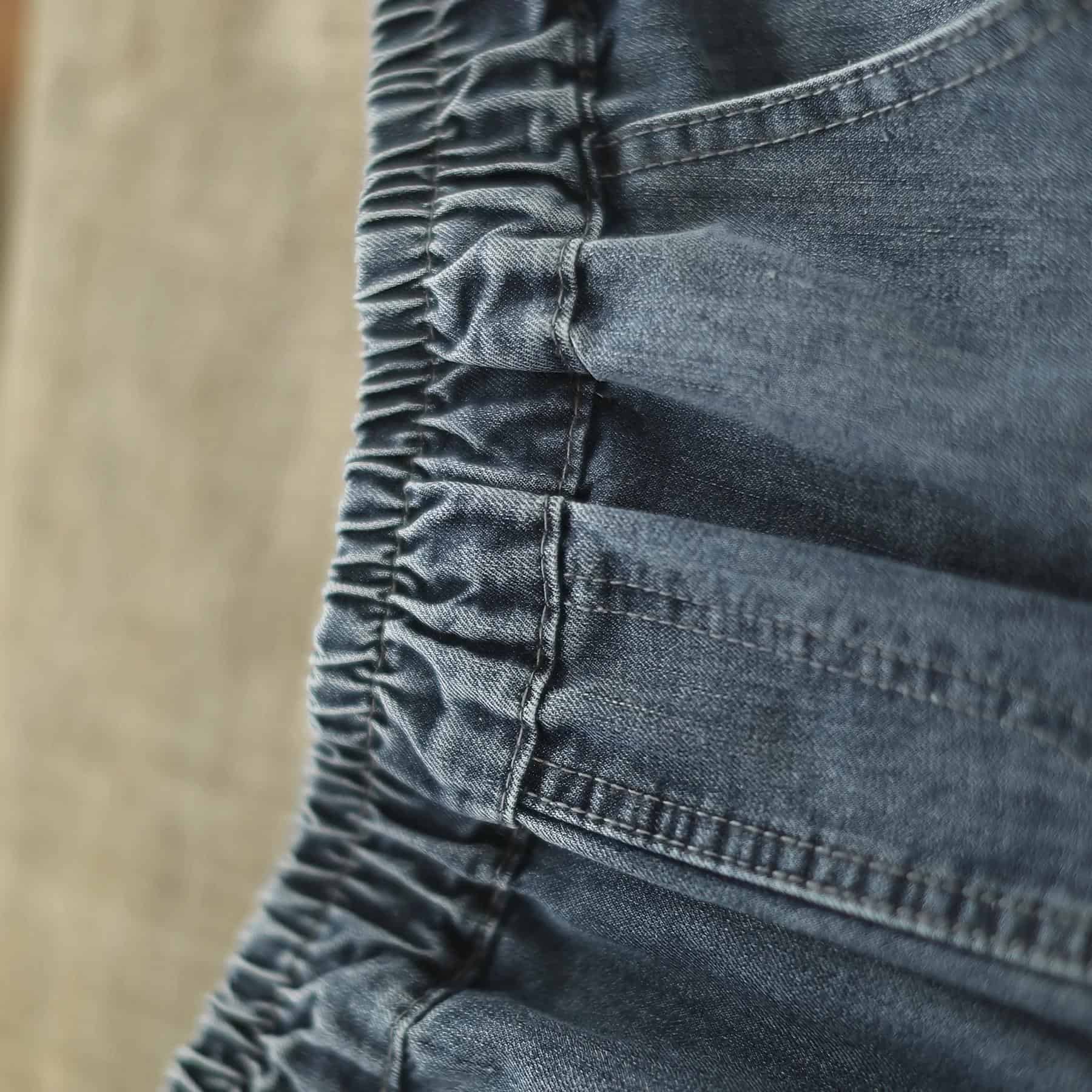 Blue denim joggers with elastic waistband, comfortable casual wear, trendy streetwear for men and women, perfect for relaxed fits and athleisure outfits.