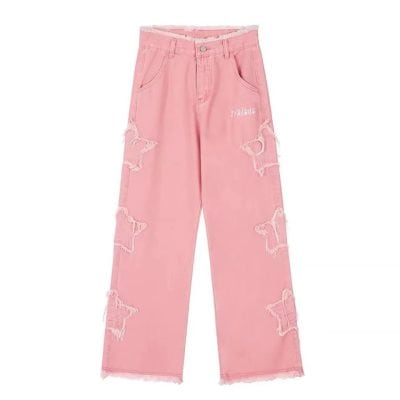 High-waisted pink ripped jeans with frayed hem, trendy distressed details, perfect for casual wear, compatible with Monalisa Medical fashion accessories.