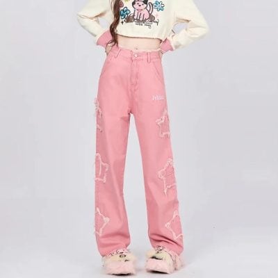 Pink ripped jeans for women, stylish distressed denim, trendy apparel, casual fashion, Monalisa Store.