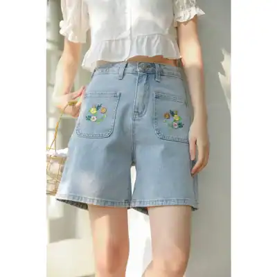 Stylish women's denim shorts with floral embroidery, perfect for summer casual wear, comfort, and trendy look from Monalisa Store.