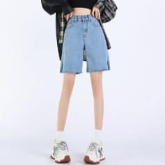Stylish women's denim shorts perfect for casual wear, featuring a high waist, frayed edges, and a trendy fit, ideal for summer outfits and everyday fashion.