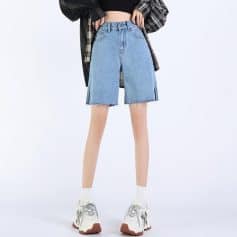 High-waisted denim shorts with frayed edges, perfect for casual and summer fashion, suitable for women looking for trendy, comfortable shorts.
