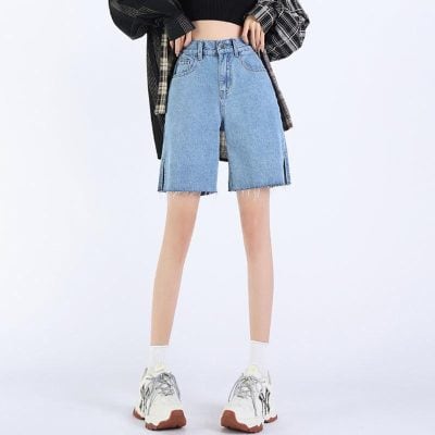 High-waisted denim shorts with frayed edges, perfect for casual and summer fashion, suitable for women looking for trendy, comfortable shorts.