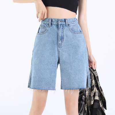 Comfortable high-waisted denim bermuda shorts for women, featuring a relaxed fit, frayed hem, and slit pockets, perfect for casual summer wear and active lifestyles.