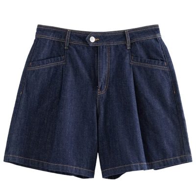High-quality dark denim shorts for women with classic stitching, comfortable fit, and stylish design, perfect for casual summer outfits.