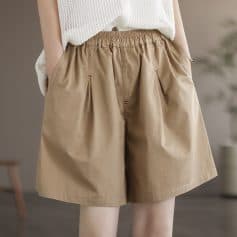 Comfortable beige women's casual shorts with elastic waistband, perfect for summer, travel, and everyday wear. Stylish and breathable, ideal for a fashionable yet comfortable look.
