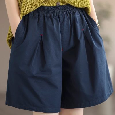 Comfortable navy blue shorts with an elastic waistband and relaxed fit, perfect for casual, everyday wear or summer fashion.