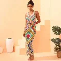 Crochet maxi dress, colorful boho dress, unique beachwear, vibrant summer dress, bohemian style clothing, women’s crochet dress, festival outfit, casual beach maxi dress, handmade crochet dress, resort wear for women.