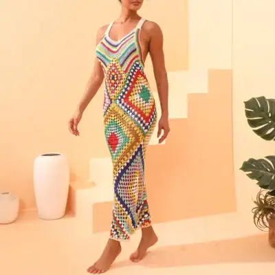 Bright multicolor crochet dress with intricate patterns, perfect for beachwear or summer outings, available at Monalisa Store, eco-friendly, handmade, stylish, and comfortable.