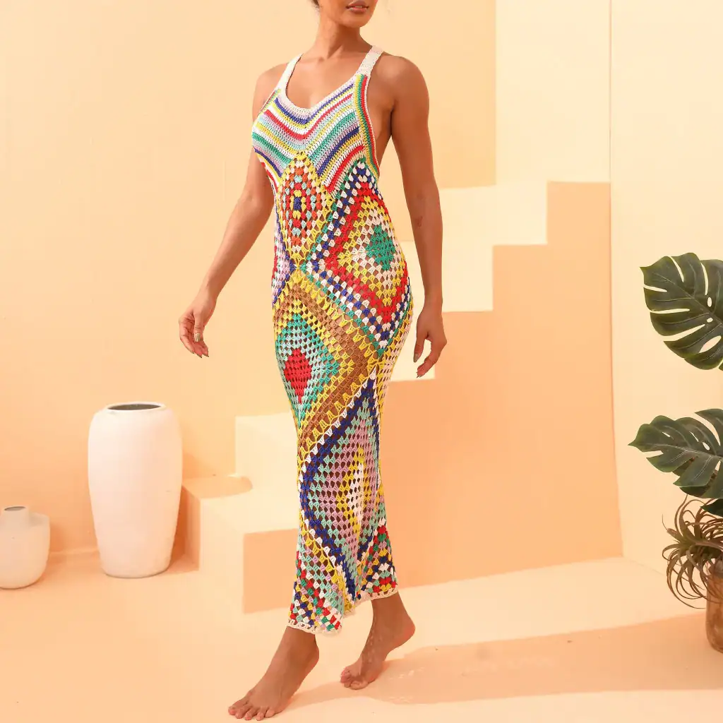 Bright multicolor crochet dress with intricate patterns, perfect for beachwear or summer outings, available at Monalisa Store, eco-friendly, handmade, stylish, and comfortable.
