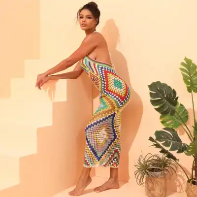 Colorful crochet maxi dress for women, perfect for summer and beachwear. Stylish, breathable, and unique handmade design by Monalisa Store.