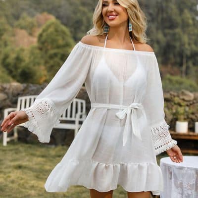 Stylish white off-shoulder dress with lace sleeves and ruffle hem, perfect for summer outings, beach parties, and casual events. Made from lightweight, breathable fabric, this dress offers comfort and chic style.