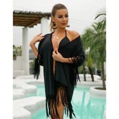 Stylish black swimwear cover-up featuring tassel details, perfect for beach, pool, and resort wear, designed to enhance your summer look with elegance and comfort.