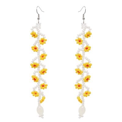 Bright yellow flower bead earrings with white beaded vines, perfect for adding a cheerful touch to your eyewear collection or accessorizing your optical style.