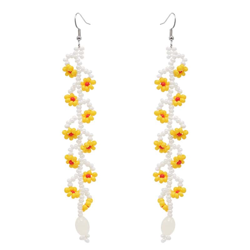 Bright yellow flower bead earrings with white beaded vines, perfect for adding a cheerful touch to your eyewear collection or accessorizing your optical style.