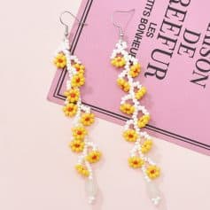 Bright yellow and white beaded floral earrings with dangling design, perfect for stylish accessories or gift ideas.