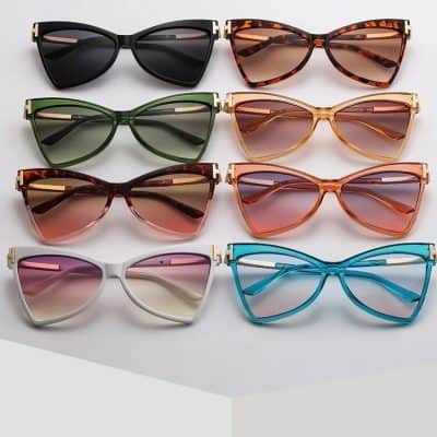 Fashionable women's sunglasses in various colors and styles, including black, tortoiseshell, green, pink, white, and blue, from Monalisa Store.