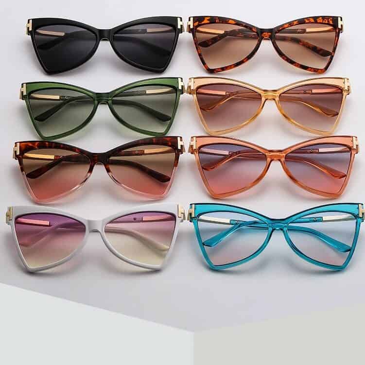 Fashionable women's sunglasses in various colors and styles, including black, tortoiseshell, green, pink, white, and blue, from Monalisa Store.