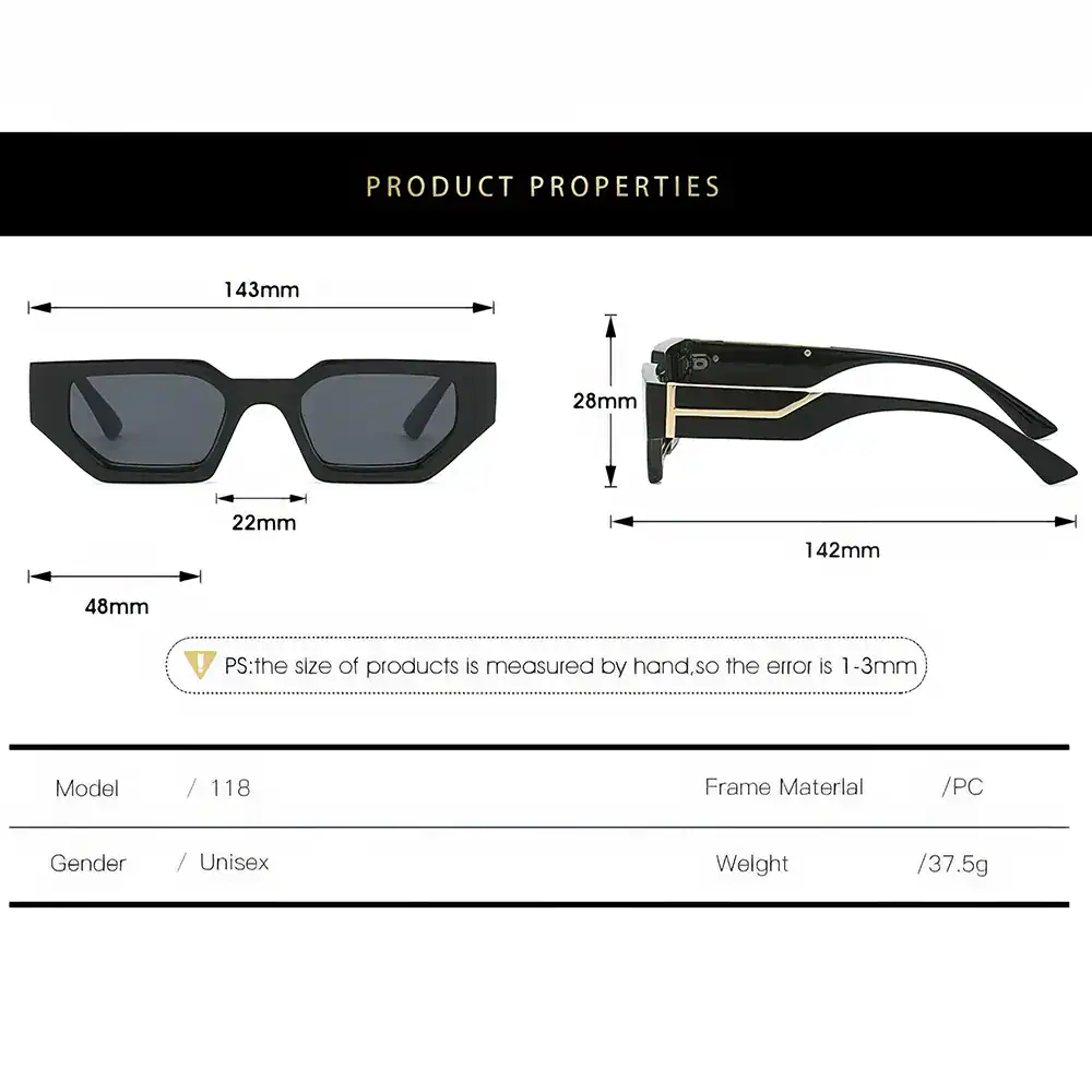 High-quality black unisex sunglasses with UV protection, featuring a modern geometric frame design and durable PC material. Perfect for fashion-forward eyewear enthusiasts.